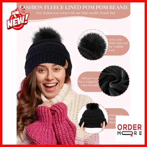 Fleece Lined Pom Pom Beanie Scarf Touchscreen Gloves Winter Set main image 4